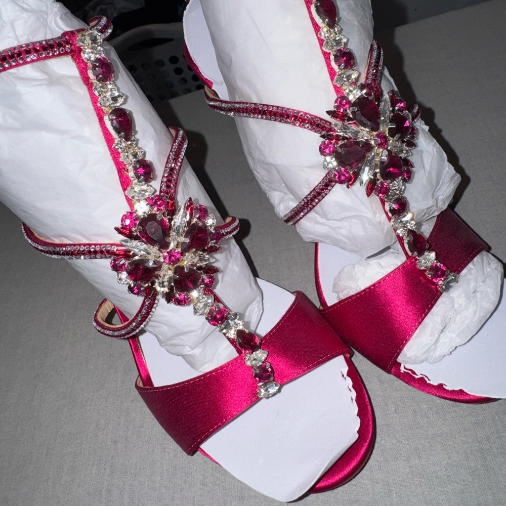 Badgley Mischka Pink Satin Crystal Heels - Picture 3 of 5